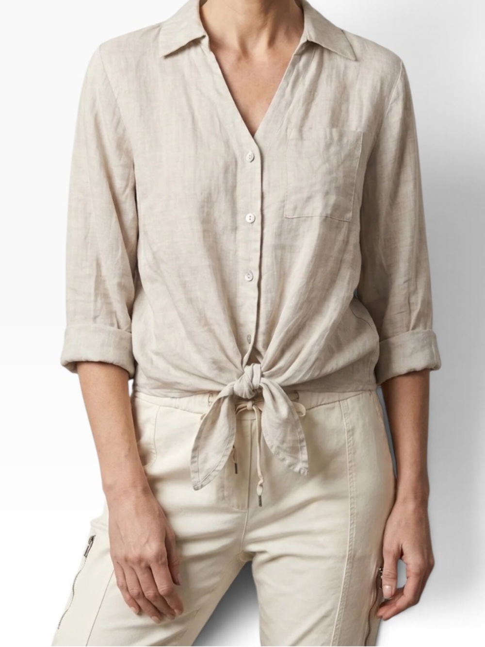 Tina Stephens Beige Linen Tie-Front 3/4 Sleeve Shirt OS